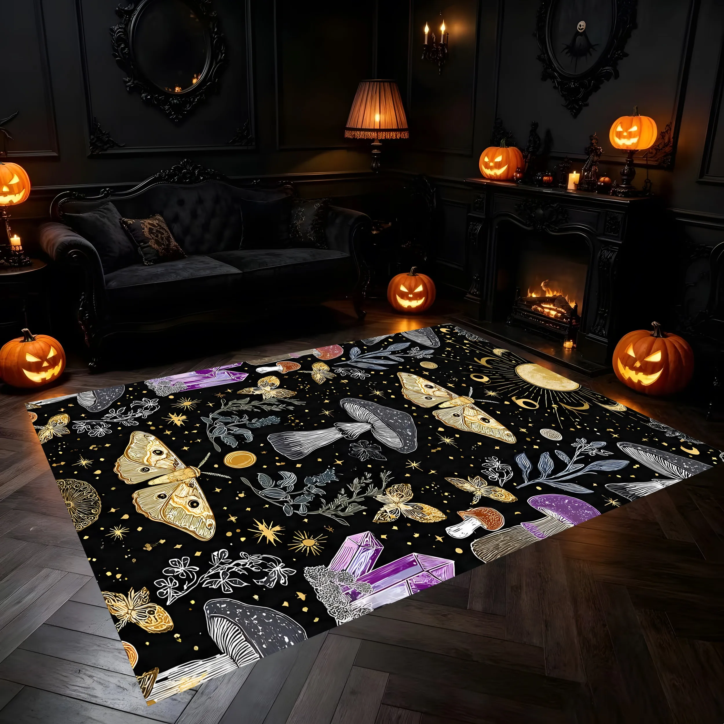 2D Large Carpet Moth Mushroom Star Retro Dark Mysterious Style for Living Room Bedroom