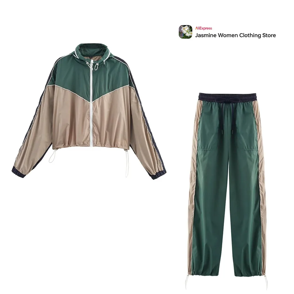 Women's Green&Ecru Sport Suit High Collar Colorblock Short Jacket with Hood and Straight Leg Pants with Contrasting Side Stripes