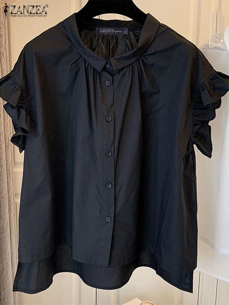 Fashion Women Short Sleeve Blouse Elegant Solid Loose Work Tops Tunic Casual Party Blusas Mujer ZANZEA Summer Ruffles Hem Shirt