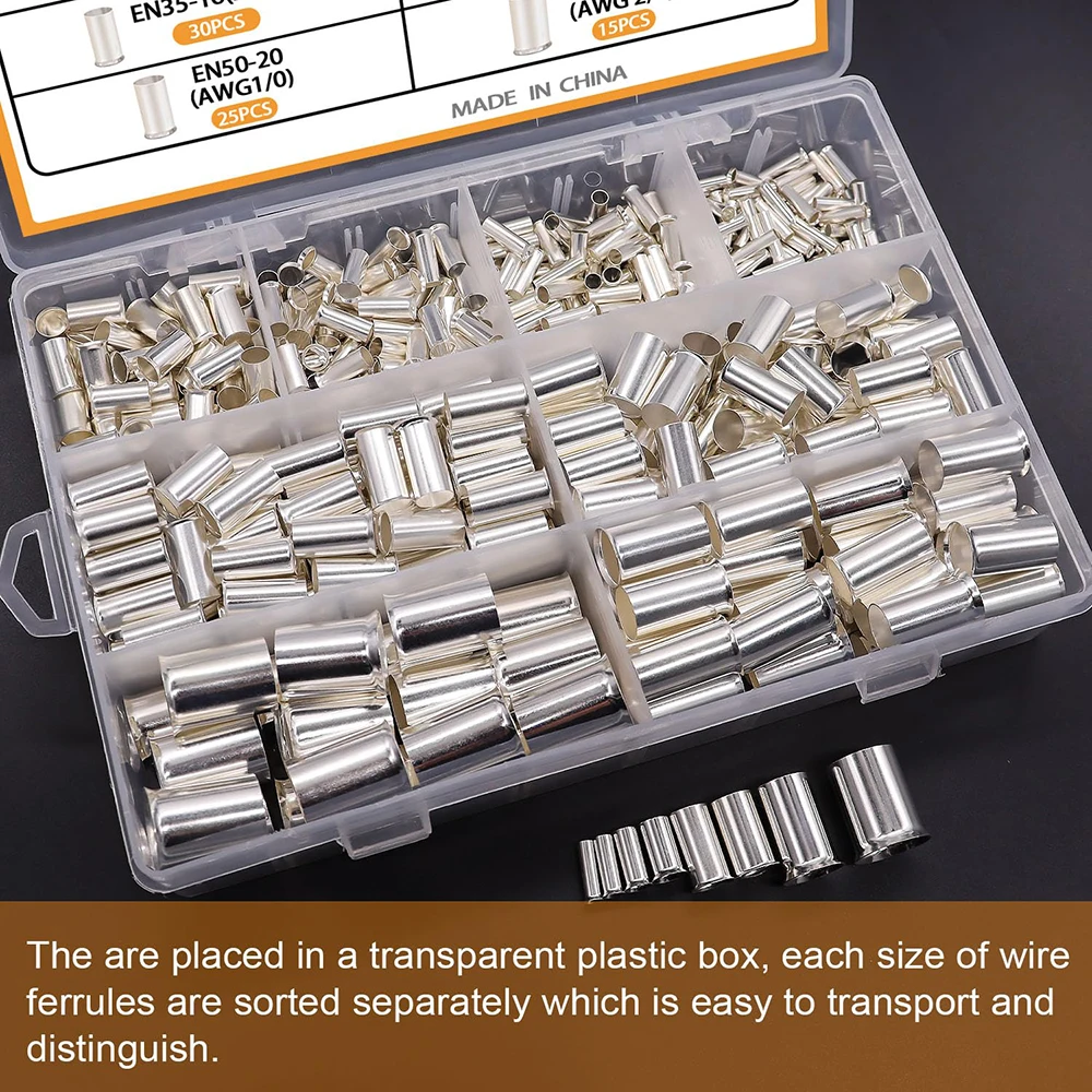 

305Pcs Wire Ferrules Kit Silver Plated Copper Crimp Terminal Connector AWG (1/0 2/0 2 4 6 8 10 12) Sleeves Cord Pin End Terminal