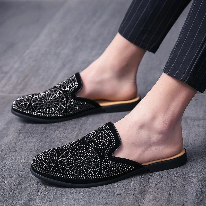 2025 Summer Rhinestone Half Shoes For Men Dress Shoes Mules Man Slides Semi-Drag Casual Shoes Loafers Slippers Flats Sandals