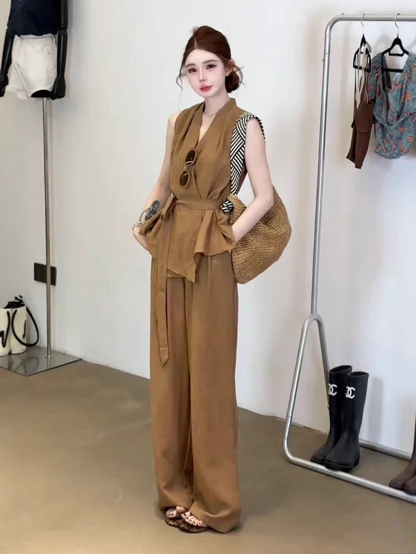 

Women's Summer Fashion Set High Waist Casual Pants V-Neck Sleeveless Vest Top Two-Piece Ensemble Design Sense Tie-Band