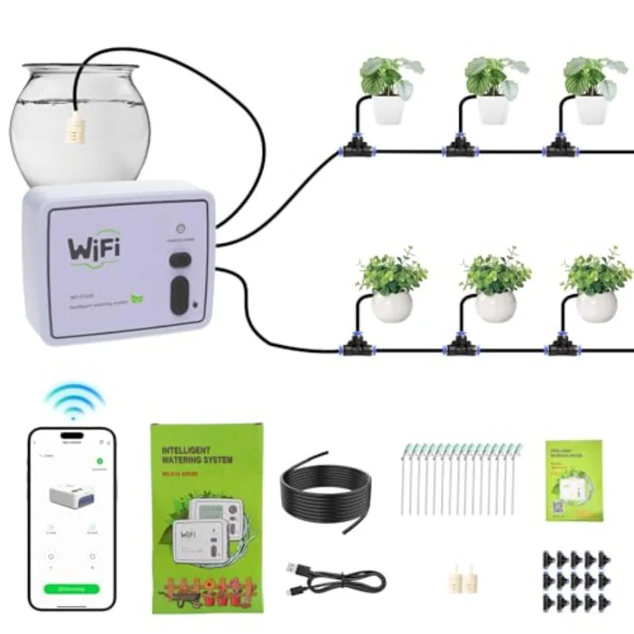 

Drip Irrigation System Dual Channel Automatic Watering Kit for 20 Potted Plants Compatible with Alexa/Google Home Timer with Ap