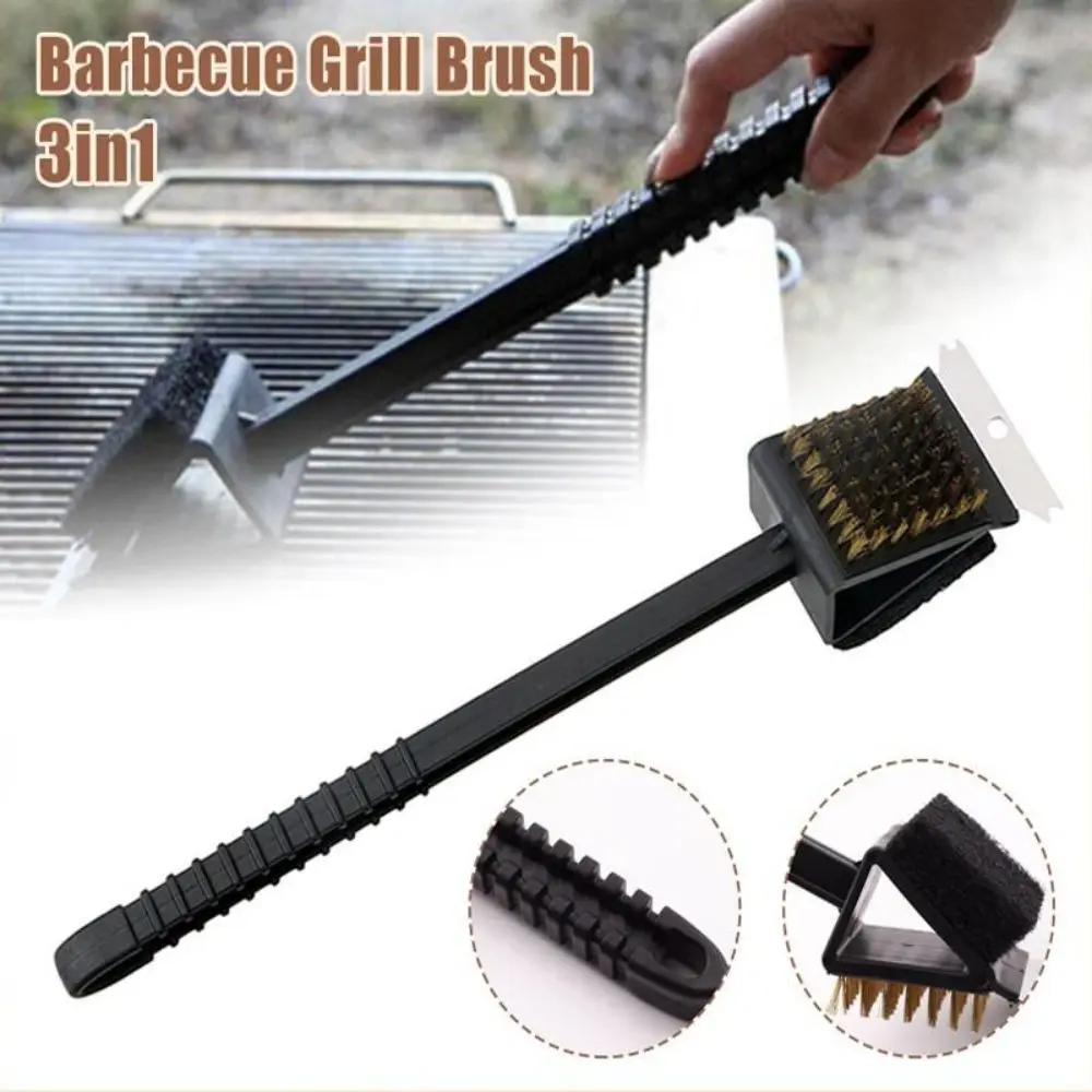 Long Handle BBQ Cleaning Brush Copper Wire Bristles Sponge Brush Barbecue Cleaner Sturdy Material 3in1 Cleaning Brush