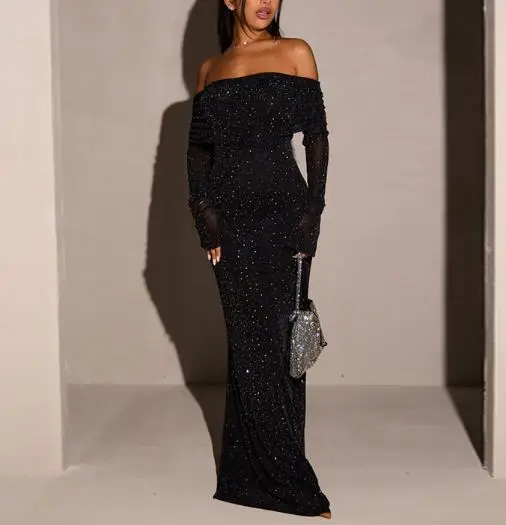 Women Dress 2026 Spring Autumn New Off Shoulder Mesh with Silver Shining Silk Cinched Waist Sexy Long Sleeve Bag Hip Long Dress