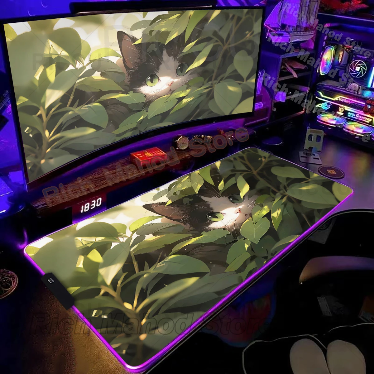 RGB Mousepad Green Plants Cat Cartoon Deskmat LED Backlight Gaming Keyboard Rug Office Computer Accessories Cute Anime Mouse Pad