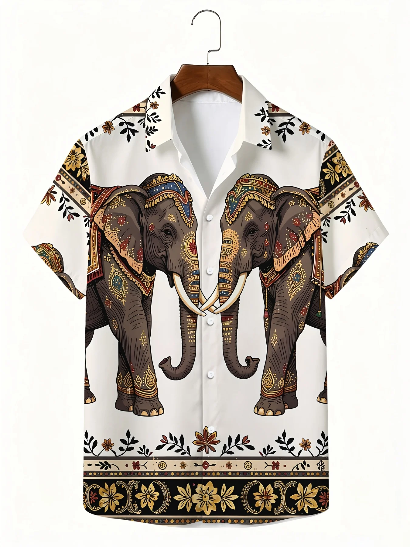 Men's Hawaiian Short Sleeve Shirt Vintage Colorful Elephant Animal Print Turn Down Collar Casual Beach Holiday Top Mens Clothing