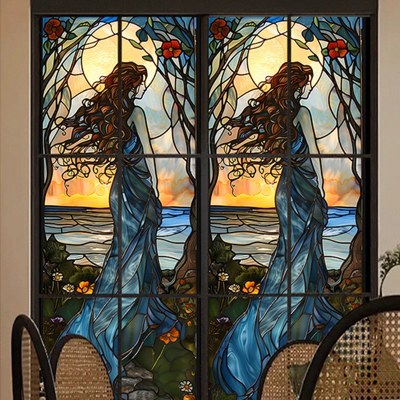 European Retro Church Privacy Windows Film Aesthetic Stained Glass Window Stickers Opaque Static Cling Home Decor Window Decals