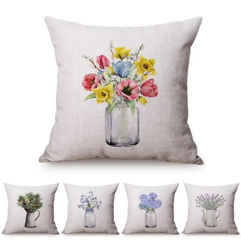 Nordic Floral Vase Glass Jar Colorful Small Fresh Sofa Decorative Cushion Cover Chic Purple Flower Cotton Linen Pillow Case