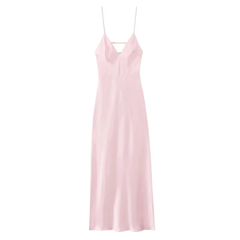 MUJER rose Satin robe à bretelles femmes jaune robe d'été femme 2025 Sexy dos nu longues robes pour femmes bretelles fête robes mi-longues