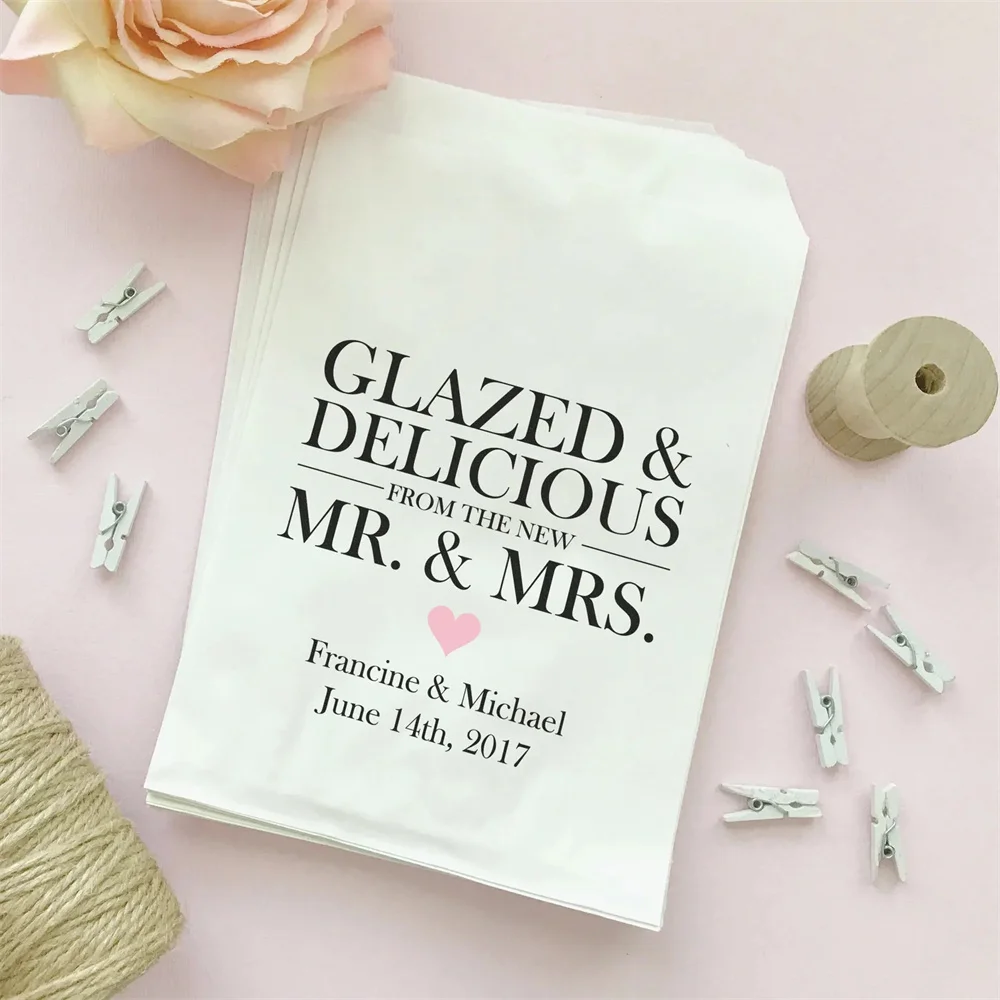 

50 Glazed and delicious bags - Wedding donut bags - Wedding donut favor bags - Glazed and delicious from the new mr and mrs bags