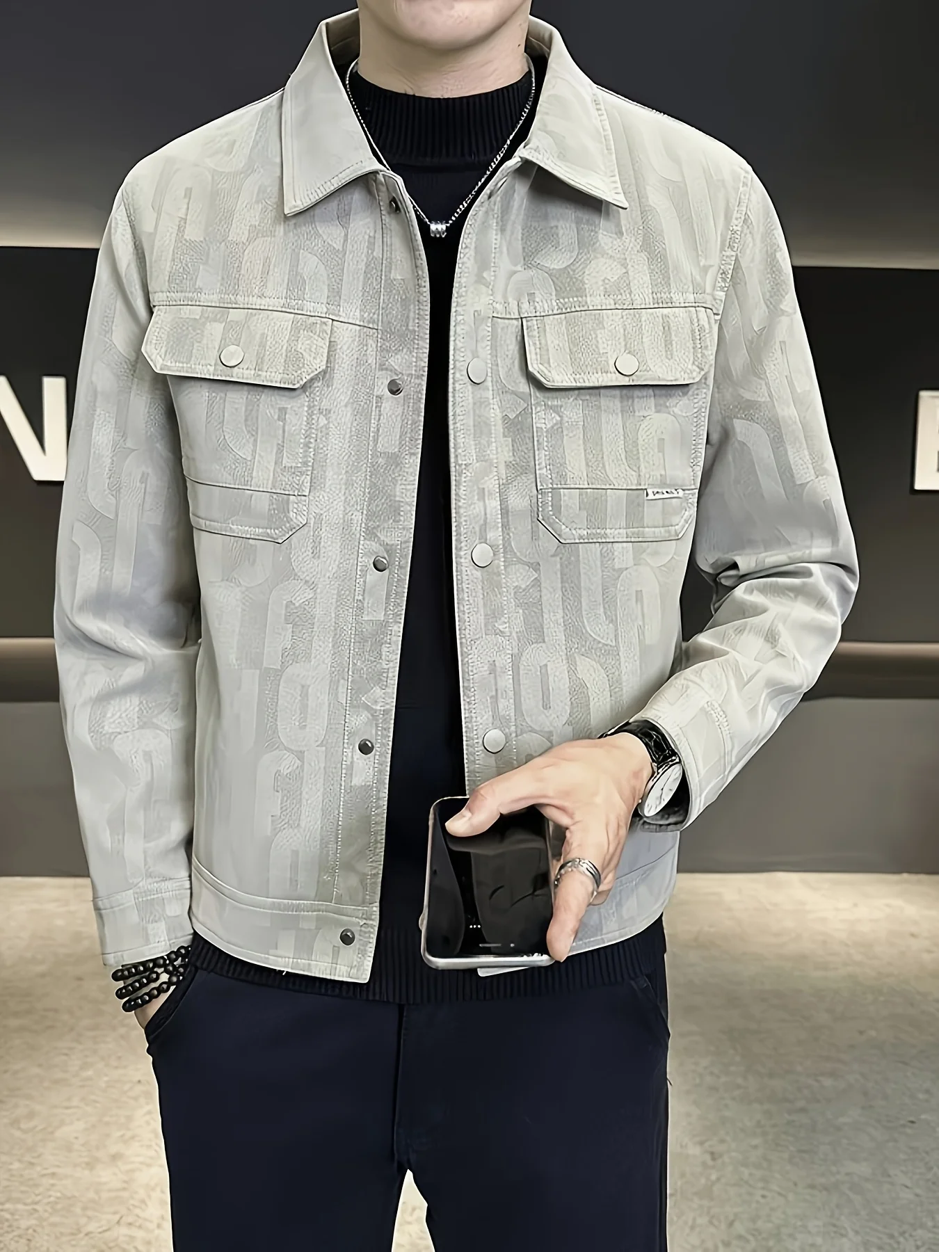 Men'S Stylish Black Bomber Jacket with Printed Design - Casual Workwear, Long Sleeve, Button-Up, Single-Breasted, Regular Fit, P