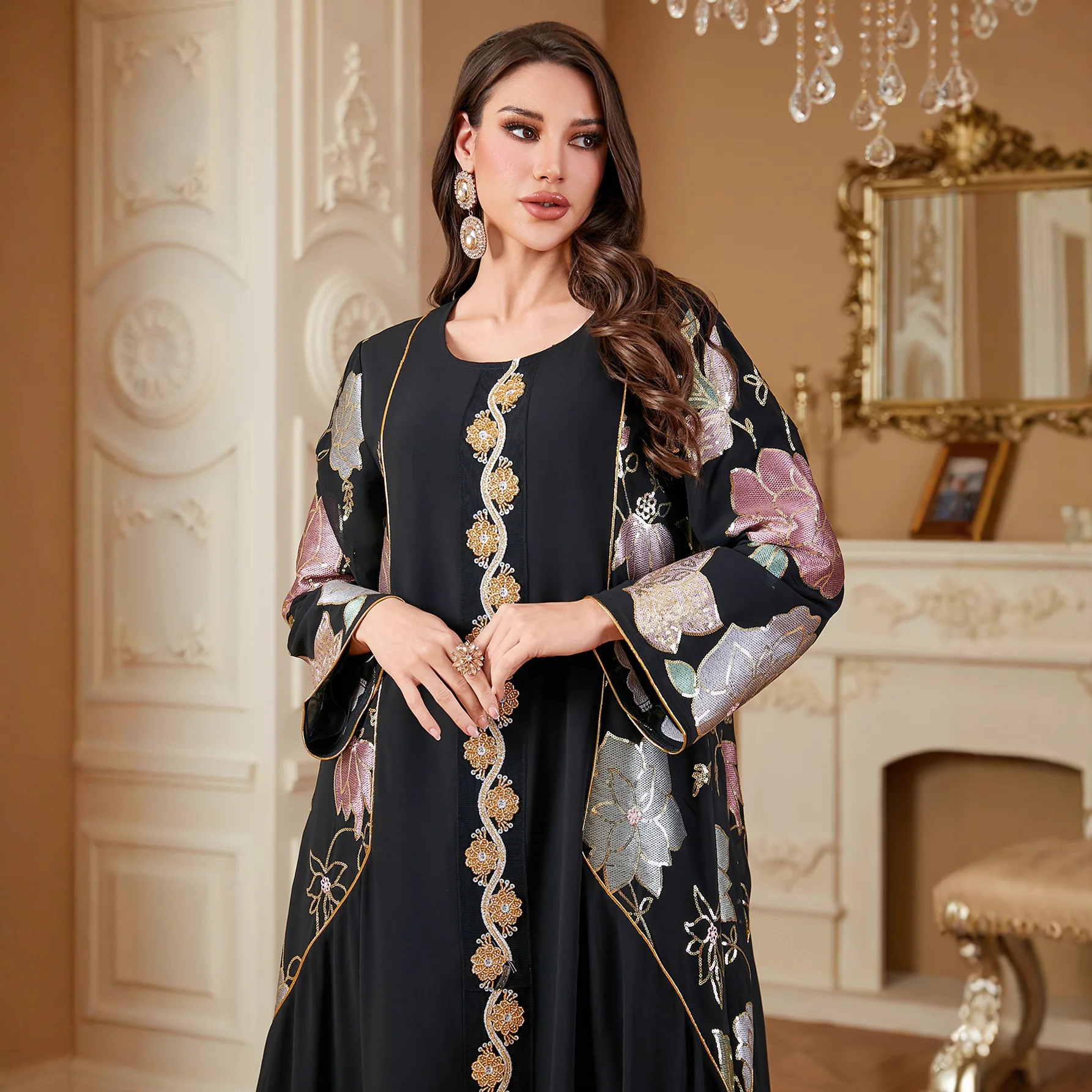 

Elegant Abaya Dubai Kaftan Women Muslim Maxi Dress Sequin Embroidery Jalabiya Caftan Marocain Femme Robe Turkey Party Gown Abaya