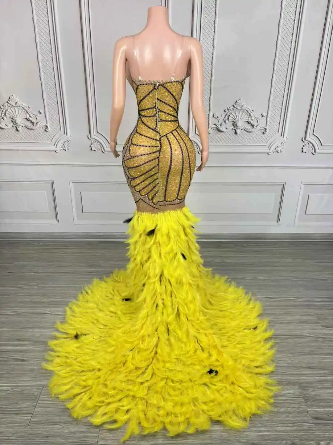 Luxurious Gold Silver Crystals Mesh Long Feather Dresses Women Birthday Celebrate Evening Prom Party Gowns Singer Stage Wear