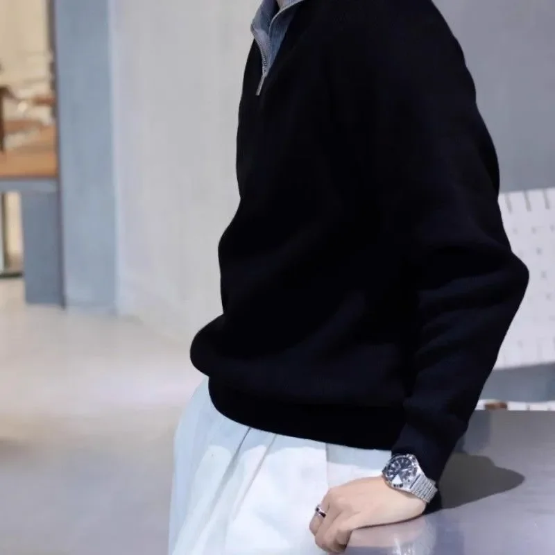 Fashion Luxurious Contrasting Color Half-zip Pullover Sweatshirt for Men Trendy Brand Casual Long-sleeved Fake Two-piece Top