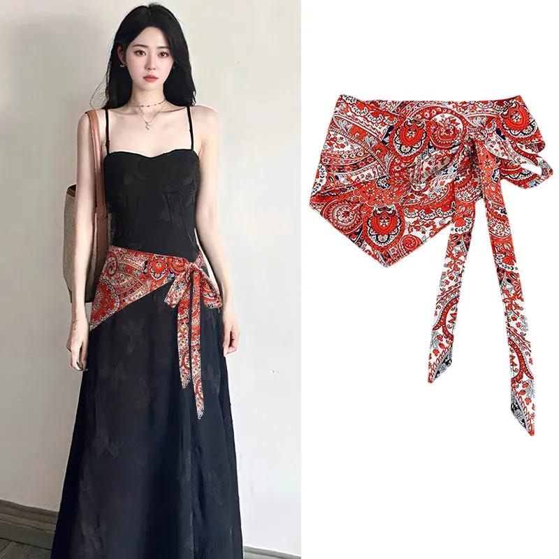 カシューナッツの花の三角スカーフ、女性用重ね着、高級アクセサリー、エスニックスタイルのシルクスカーフ、ベルト、ウエストシール。