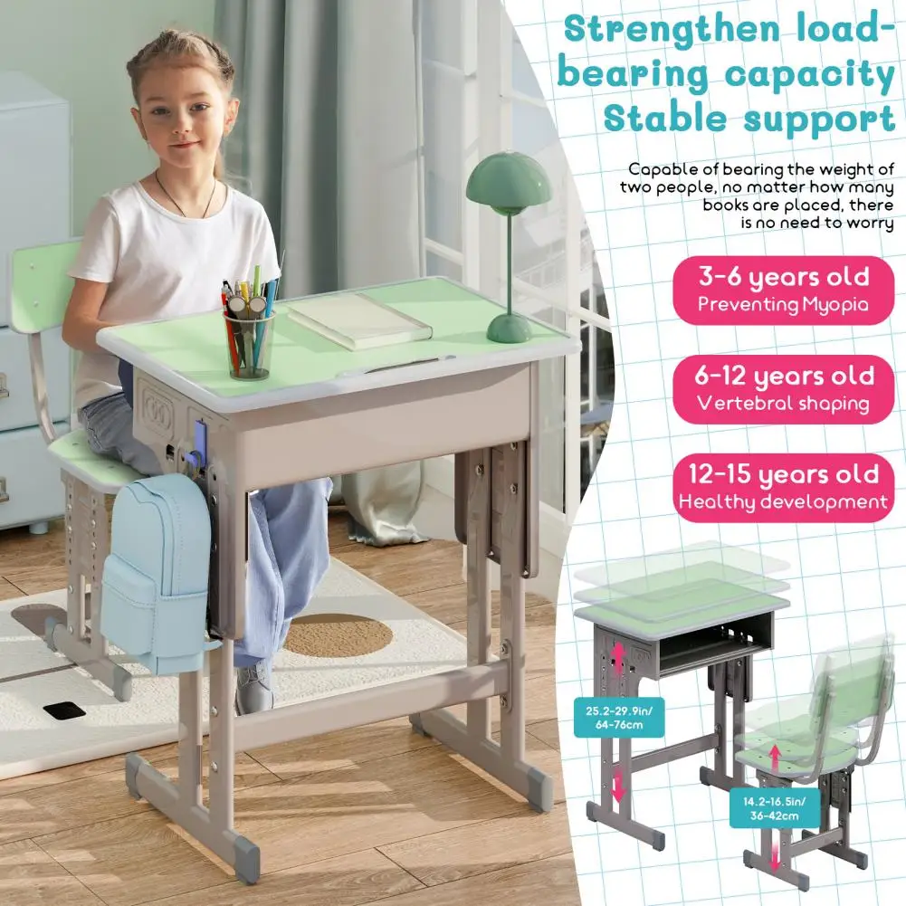 2Pcs/Set Kids Desk Chair Set, Height Adjustable School Study Table Chair Set with Storage Drawer, Backpack Hook, Ergonomic