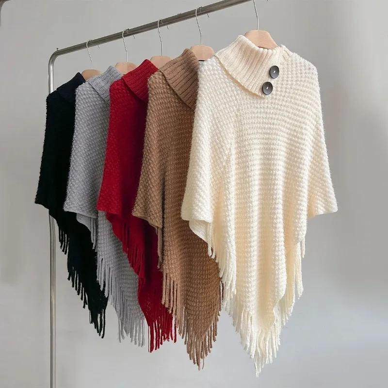 

Autumn Winter New High Neck Button Fringe Women's Cape Shawl Warm Winter Cloak European and American Fashion Knitwear