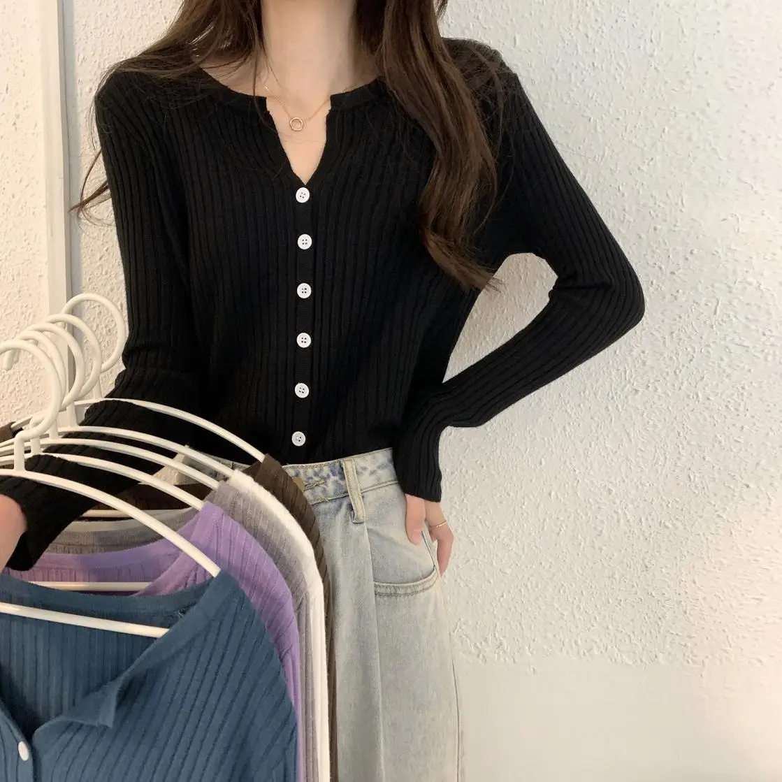 Girl V-Neck Knitted Casual Short Sweater Shirt Women High Stretch Single Breasted Cardigans Crop Tops Autumn Spring