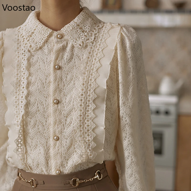 Vintage Elegant Lace Shirt Spring Autumn Women Sweet Long Sleeve Pearl Button Embroidery Blouses Office Lady Chic Ruffles Tops