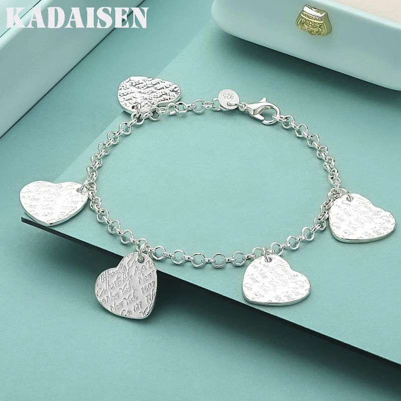 

925 Sterling Silver Five Hearts Pendant Bracelet For Women Wedding Engagement Fashion Charm Jewelry
