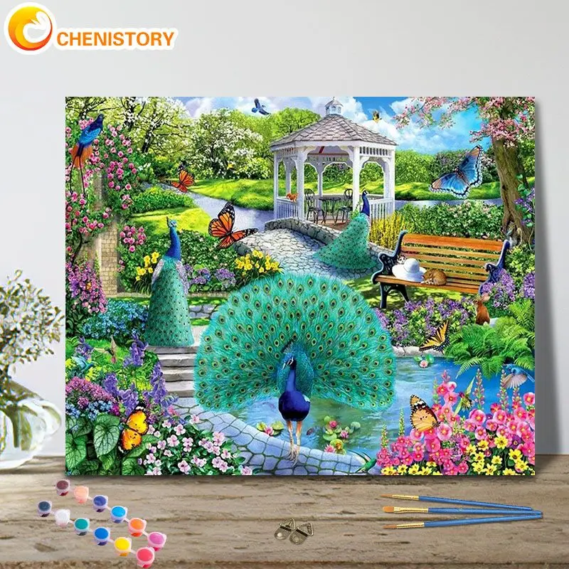 

CHENISTORY Oil Painting By Numbers Garden Peacock 40x50cm Frame Pictures By Number Animal Paint On Canvas Home Decoration