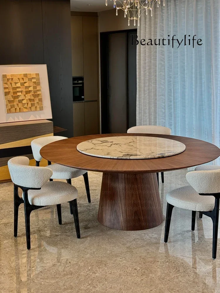 N36 Italian minimalist round solid wood marble turntable dining table, antique light luxury high-end round dining table