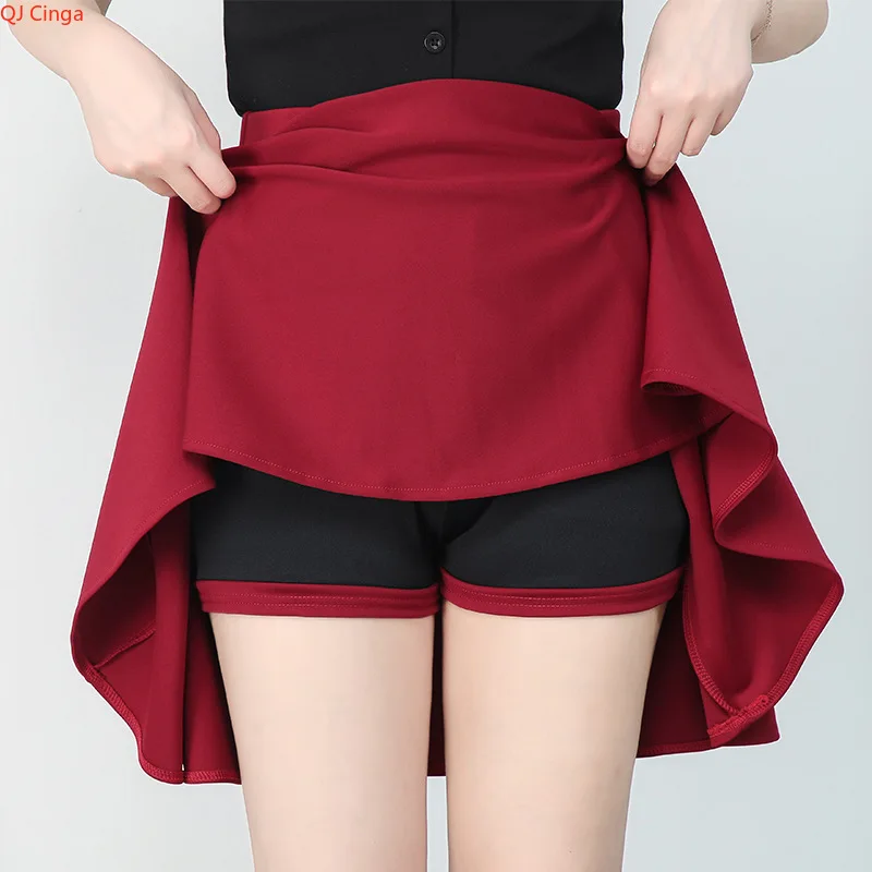 Women's Red Stretch Skirt for Spring and Summer, High-waisted Design To Prevent Exposure, with Pleated Detailing.