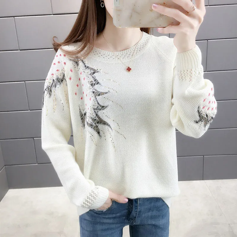 New Autumn Fashion Round Neck Hollow Out Printing Thin Versatile Loose Western Commuter Women's Long Sleeve Knitted Sweater