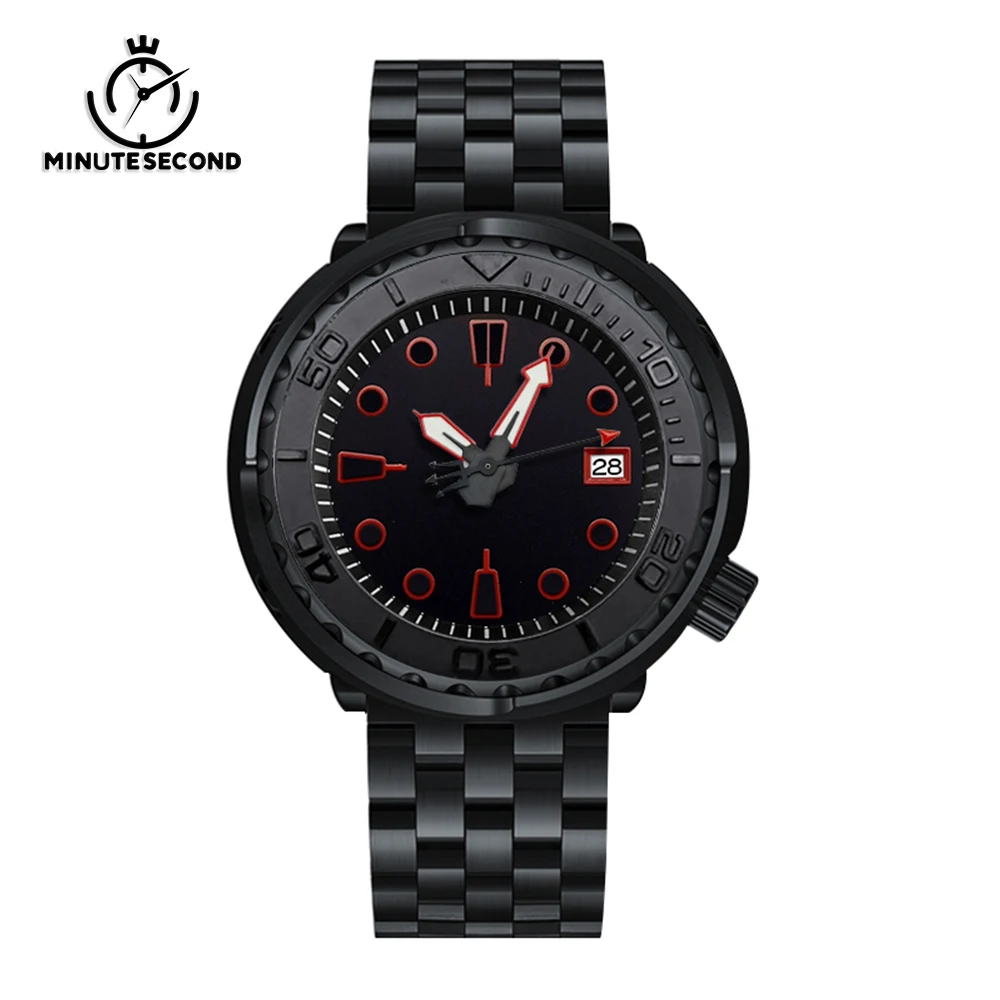 MINUTESECOND Tuna NH35 Watch NH35 Automatic Mechanical Movement Watch Sapphire NH35 Black Dial 10BAR Waterproof Dive Black Watch