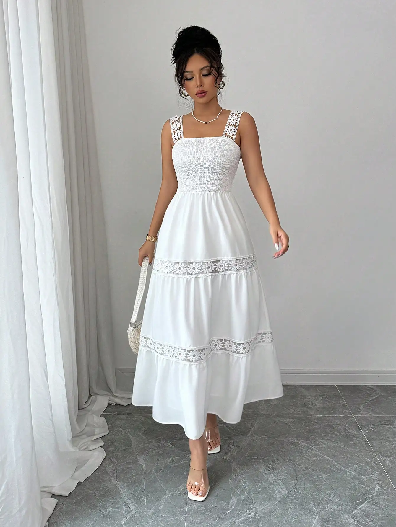 

White Smocked Square Neck Lace Trim Tiered Midi Dress
