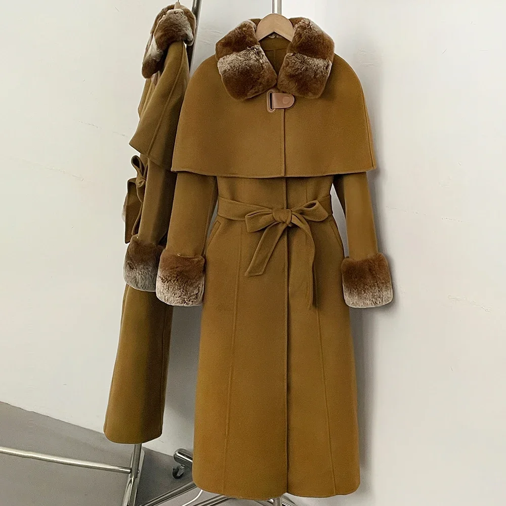 OFTBUY Neue Winter-Luxus-Oberbekleidung für Damen, Langer Woll-Alpaka-Mantel mit Gürtel, Cape-Kragen, Echtes Rex-Kaninchenfell, Elegante Damenjacke – Detail 13