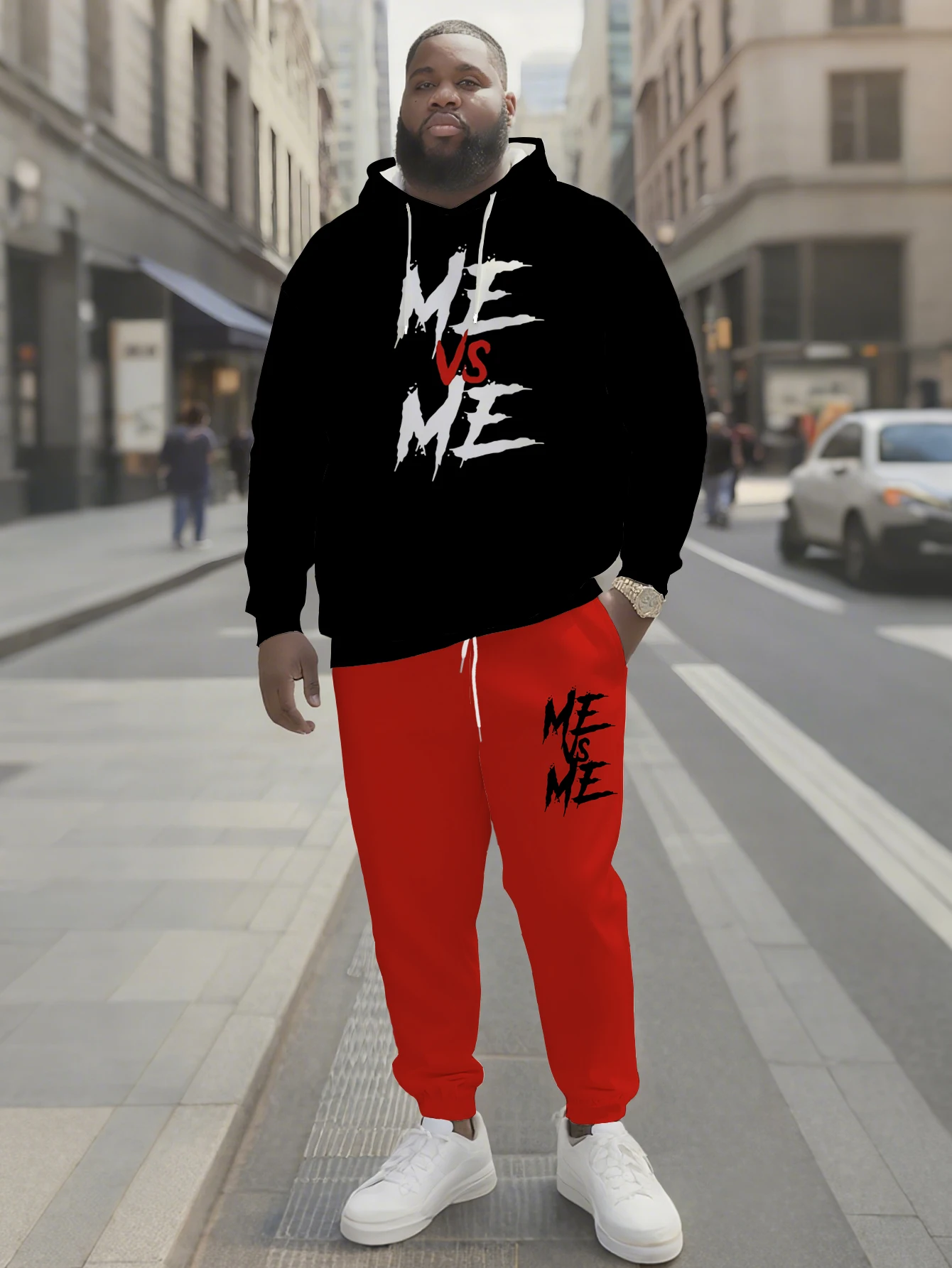 

2025 Trendy Men's Loose Fit Hoodie & Pants - 'Challenge Yourself' Lettering & Color-Block, Polyester