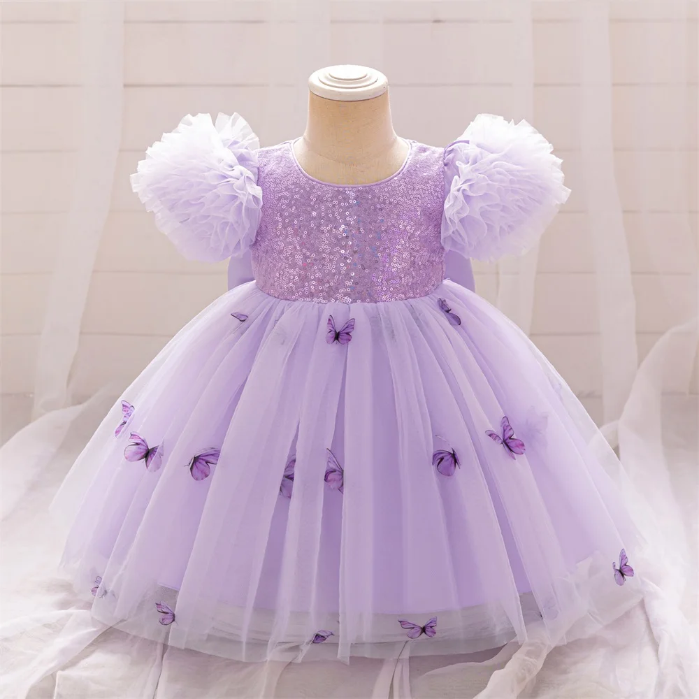 Elegant Purple Sequin Birthday Baptism Gown Baby Lace Tutu Dresses Girls Butterfly Costume Infant Fluffy Clothing Girl New Wear