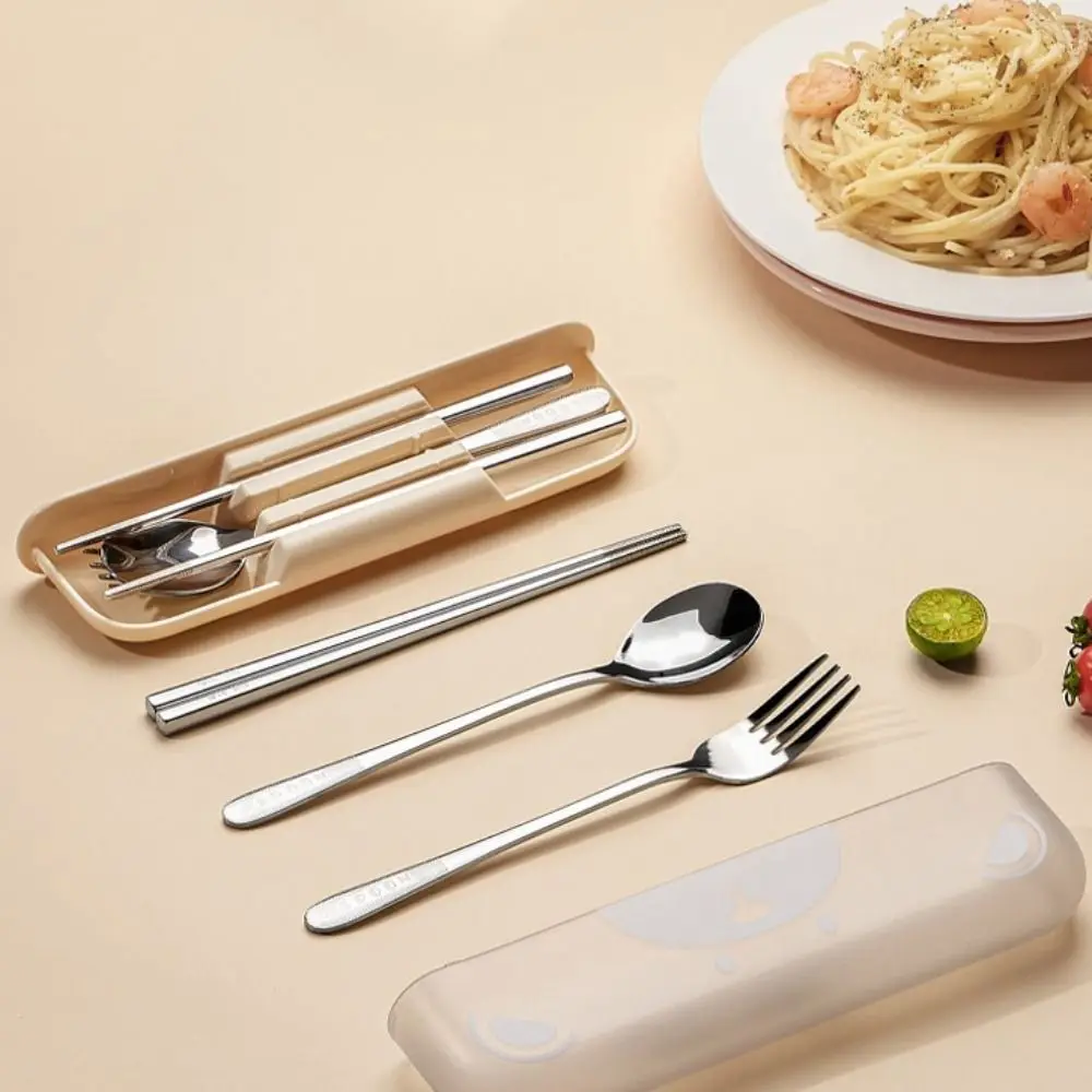 

3 Pcs/Set 304 Stainless Steel Travel Cutlery Set with Storage Box Anti-slip Student Tableware Set Reusable Rust-proof