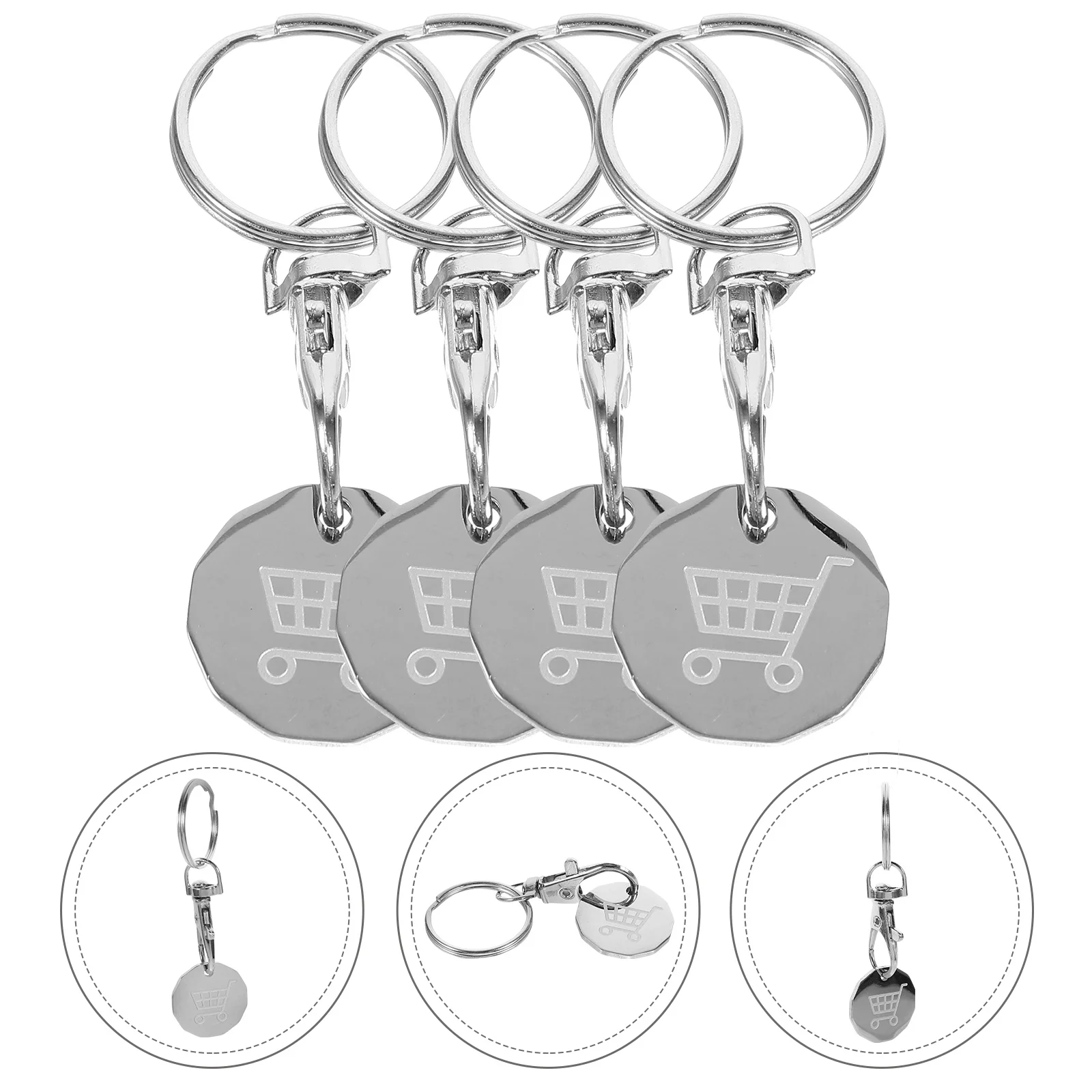 4 Pcs Shopping Token Pendant Key Chain Decoration Trolley Remover Keyring Stainless Steel Tokens Keychains