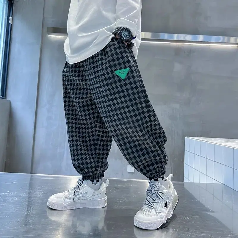 Plaid Pants Children Casual Loose Leg Trousers With Pocket Boy Trousers Streetwear