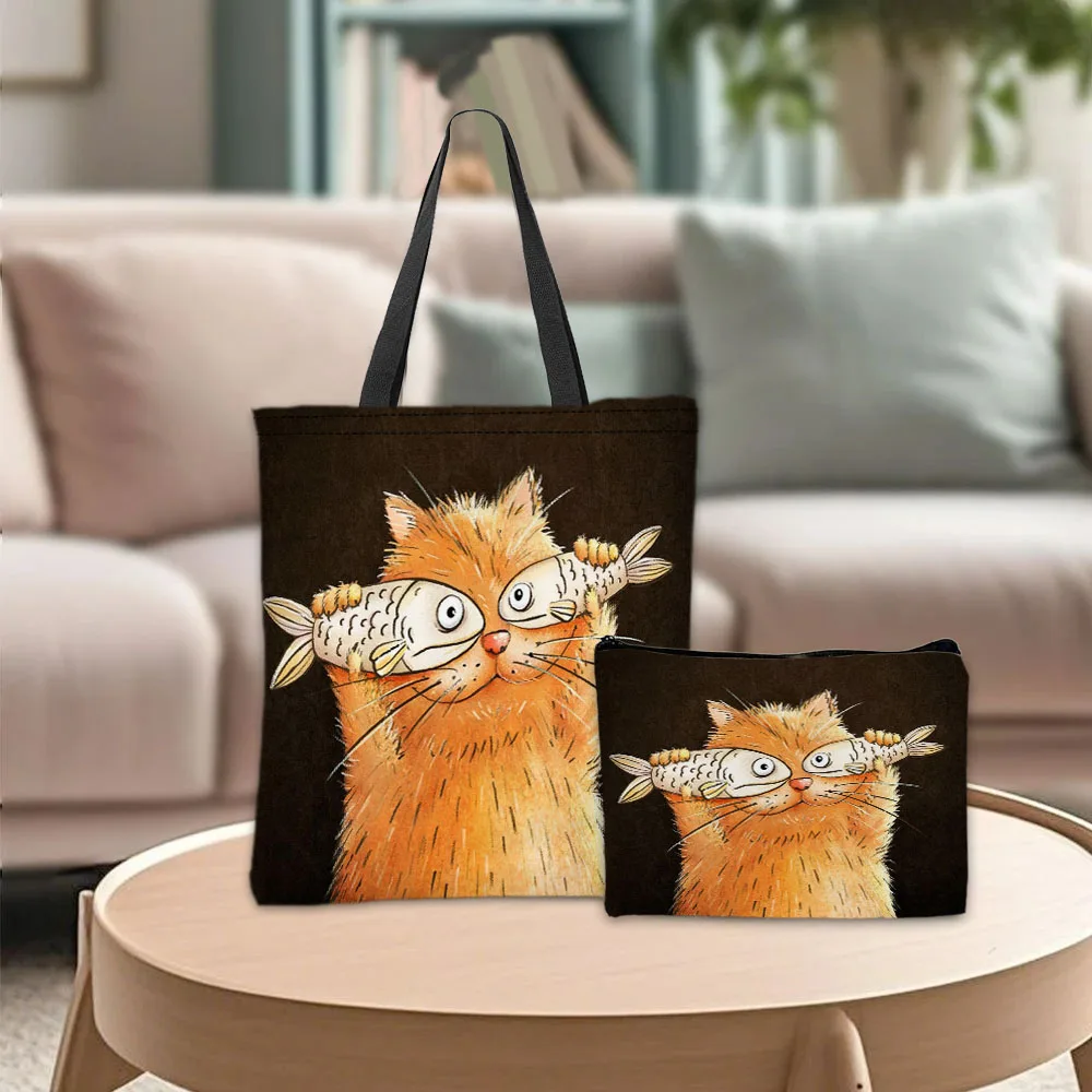 Orange Cat Holding Fish Theme Handbag Cosmetic Pouch Combination Bags Funny Patterns Daily Use Shoulder Bag Travel Work Bags