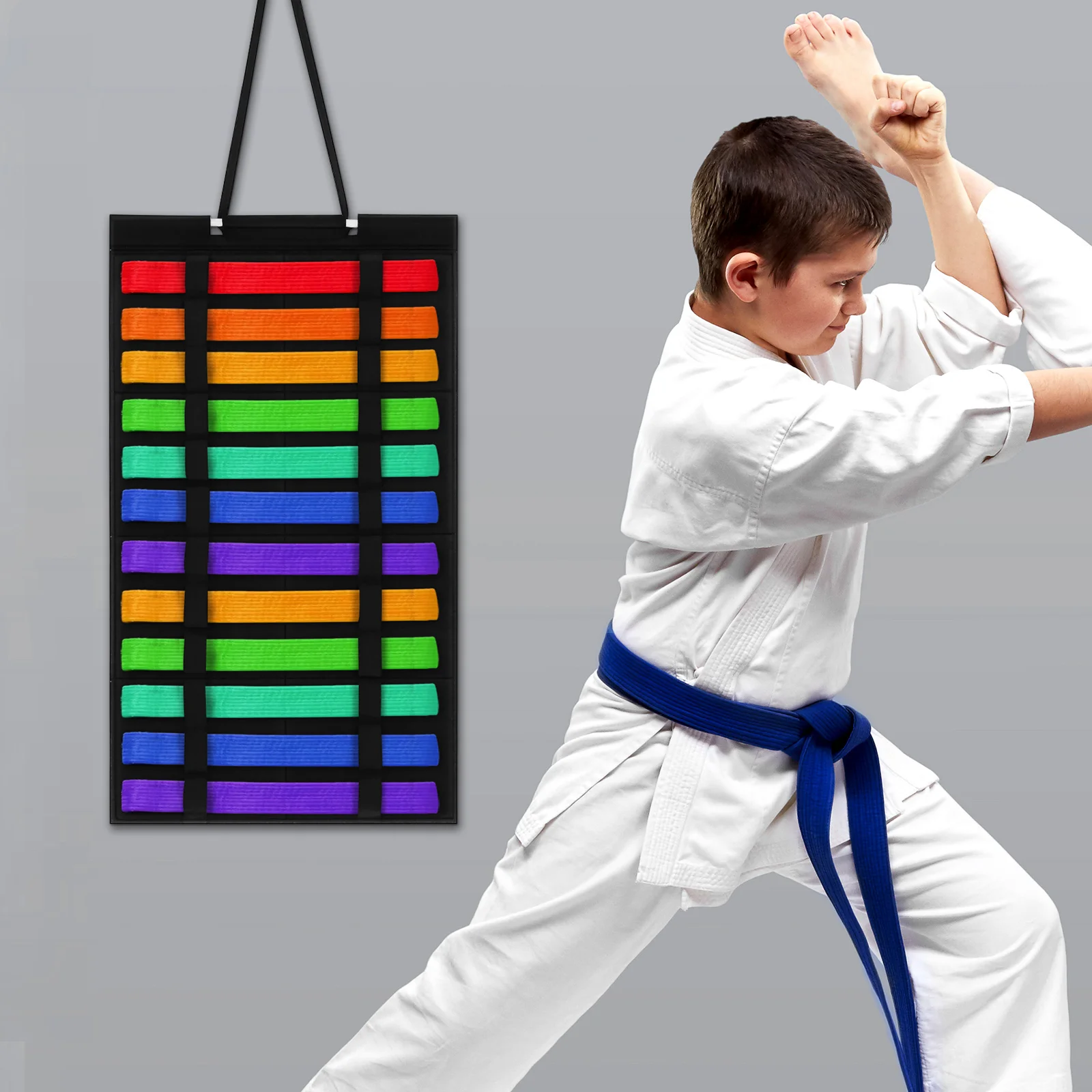 

Belt Display Stand Taekwondo Karate Rack Holder Elastic Loops Wall Mount Martial Arts Organizer Black Storage Solution