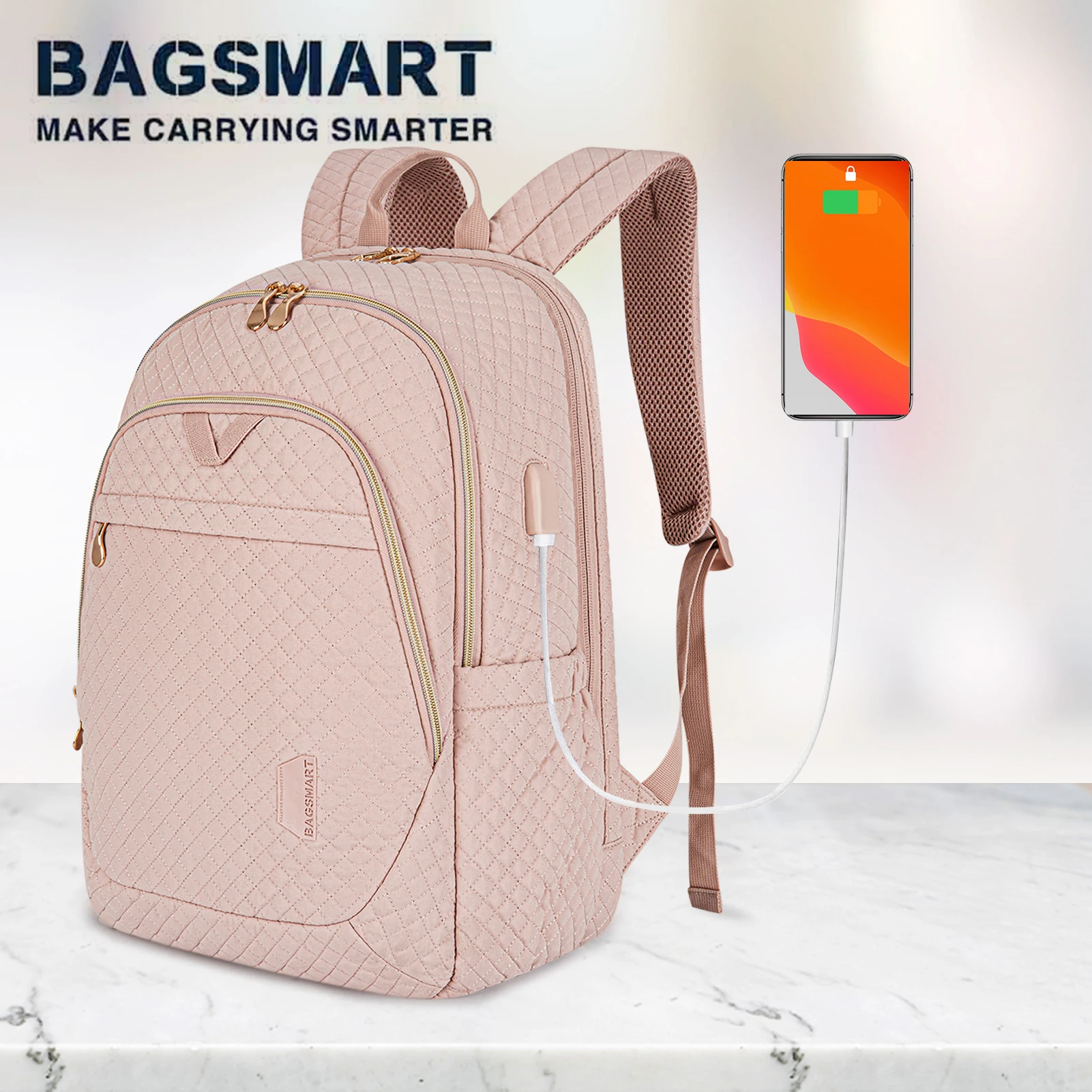 BAGSMART-mochila antirrobo para ordenador portátil para mujer, Bolsa Escolar de 15,6 pulgadas para trabajo universitario, bolsas de ordenador de negocios con puerto de carga USB