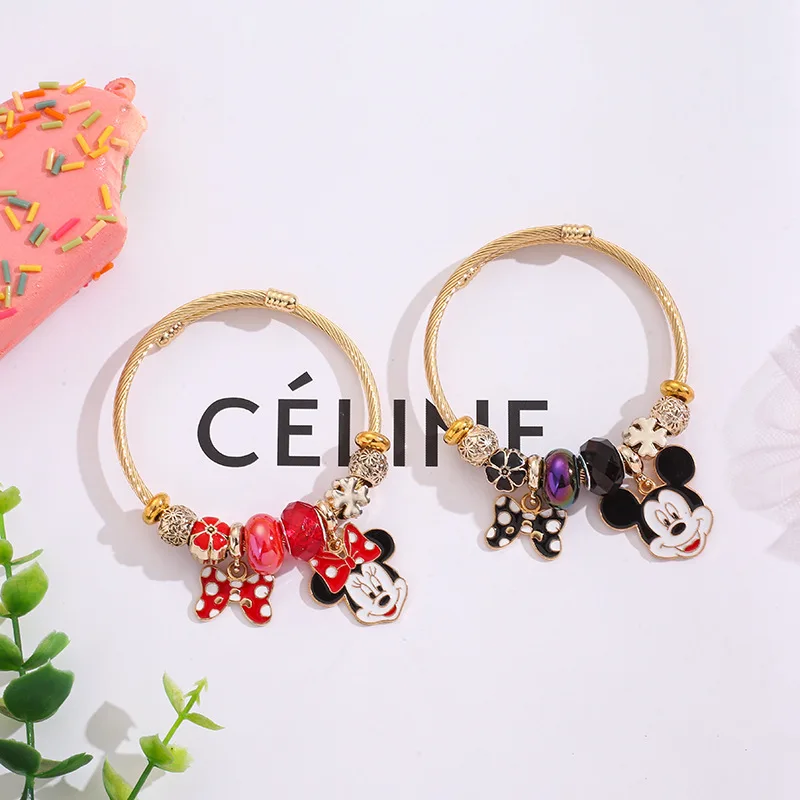 Pulseras con dijes de dibujos animados de Disney para mujeres y niñas, pulseras con cabeza de Mickey y Minnie Mouse, encantadoras cuentas de bricolaje, accesorios de mano, regalos