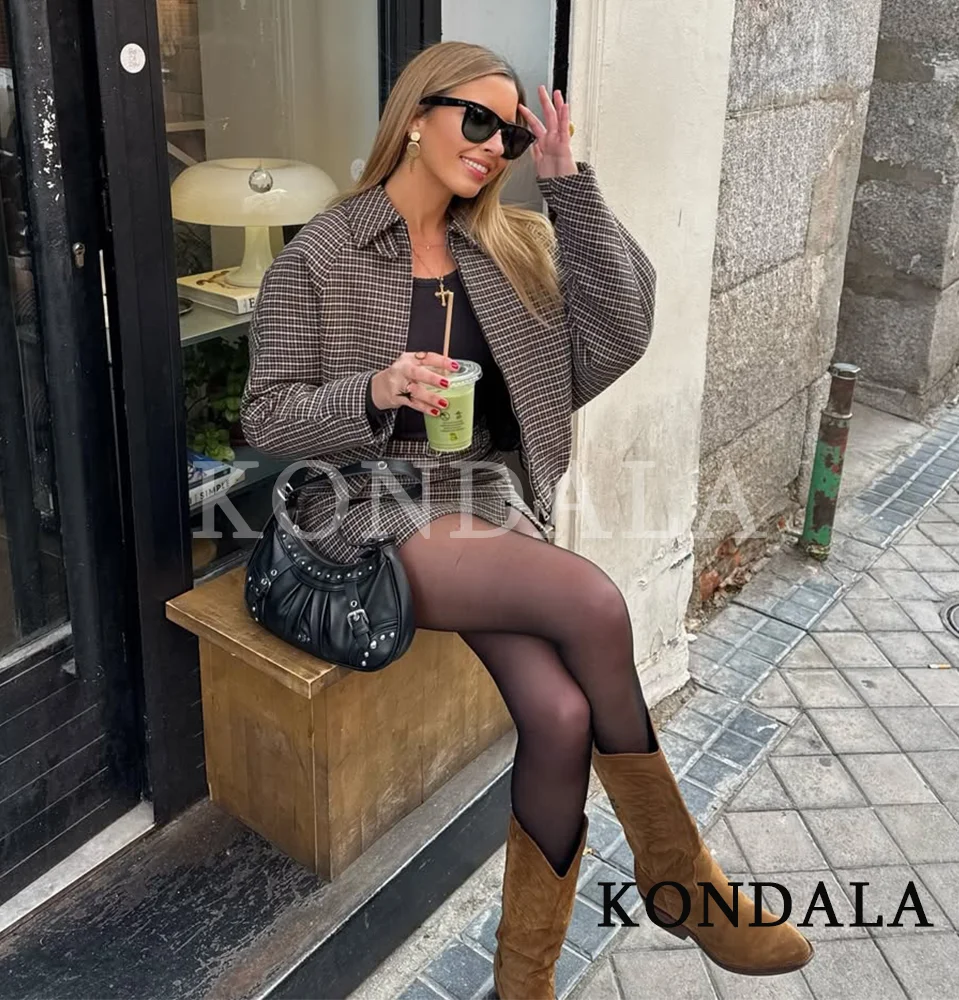 

KONDALA осенний модный винтажный клетчатый комплект-кюлотов, женский элегантный пиджак на молнии, мини-юбки с поясом, шорты, 2026, весенний повседневный комплект куртки