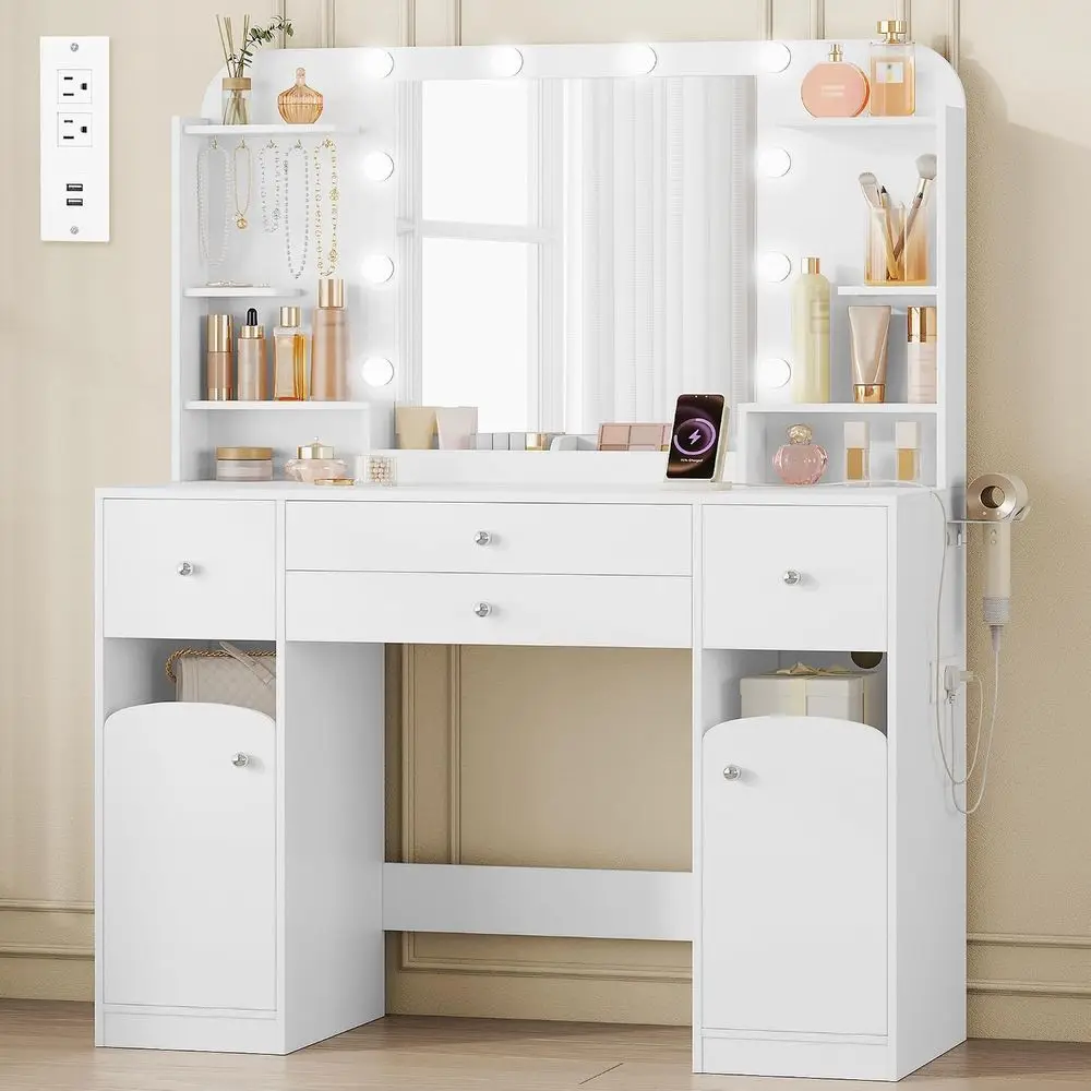 Large White Makeup Vanity Desk with LED Lights, 4 Drawers, 42.5 Table Top, Open Storage Cabinets, and Jewelry Storage