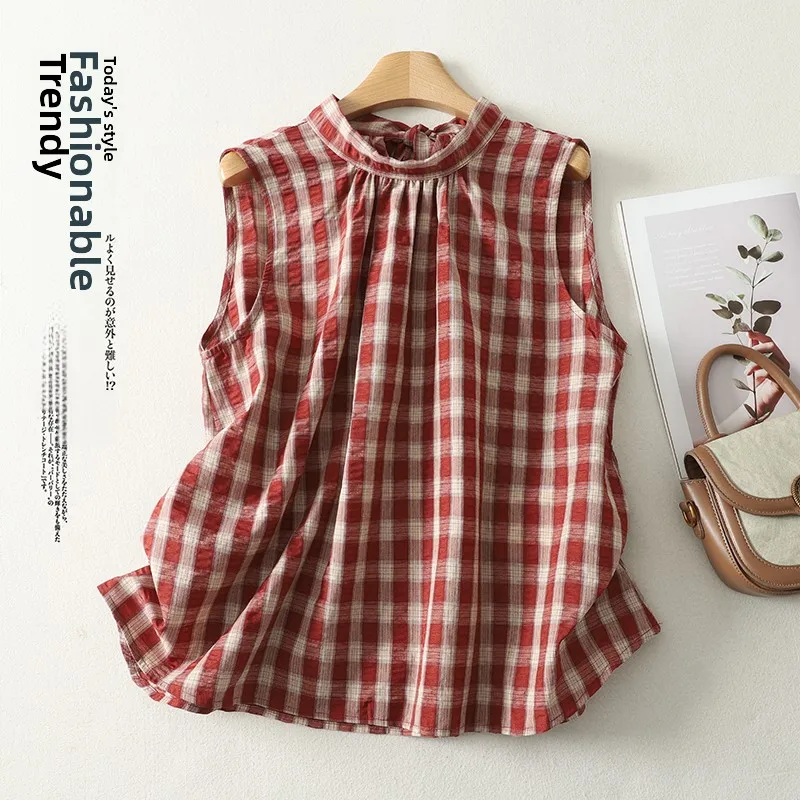 

White Red Plaid Sleeveless Top Summer New Korean Style Loose Belted round Neck Doll Shirt T-Shirt Women's Fashion Cotton Line...