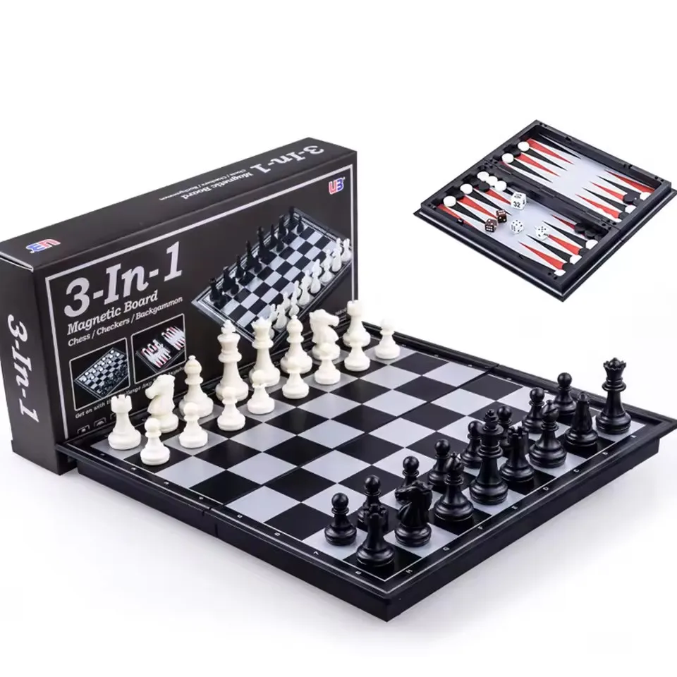 

Foldable Magnetic Chess Checkers Backgammon Set - Portable 3 in 1 Chessboard for Family Fun Games