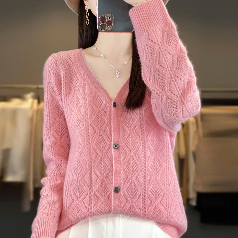 WOTEEWS  New cardigan wool women\'s V-neck sweater solid color knitted hollow out women\'s long sleeved sweater thin summer jacket