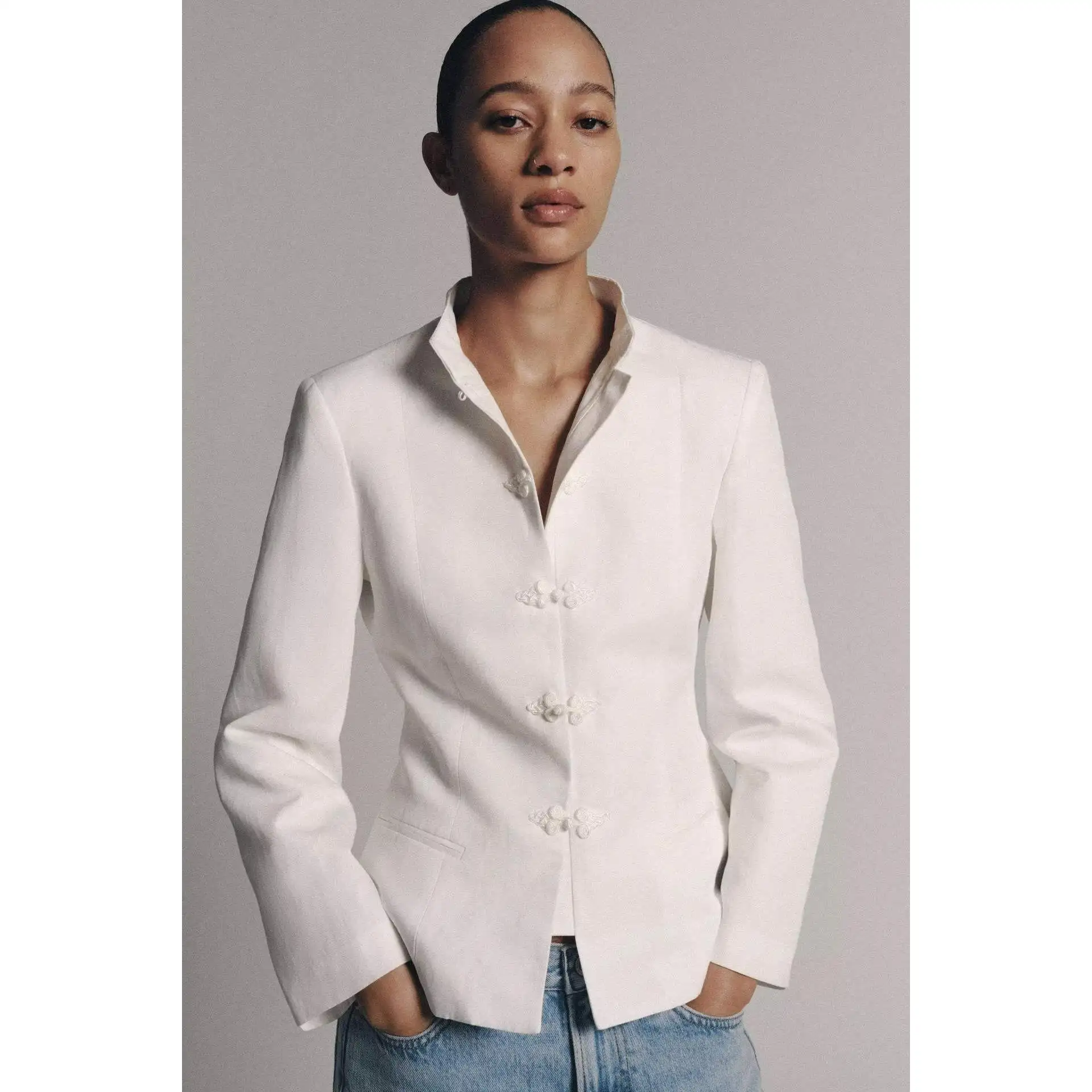Early Autumn New Women's Suit Jacket Nine-Point Short Skirt Style Rope Buckle 7030015 Standard Fit Polyester Fiber Long Sleeve