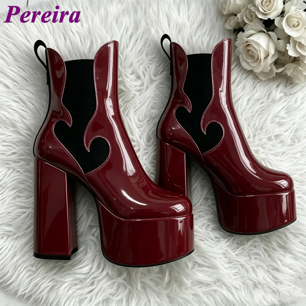 Hollow Out Heart Designer Boots Platform Block Heel Solid Mixed Color Bootie Burgundy Street Style Women Shoes 2026 Big Size 45