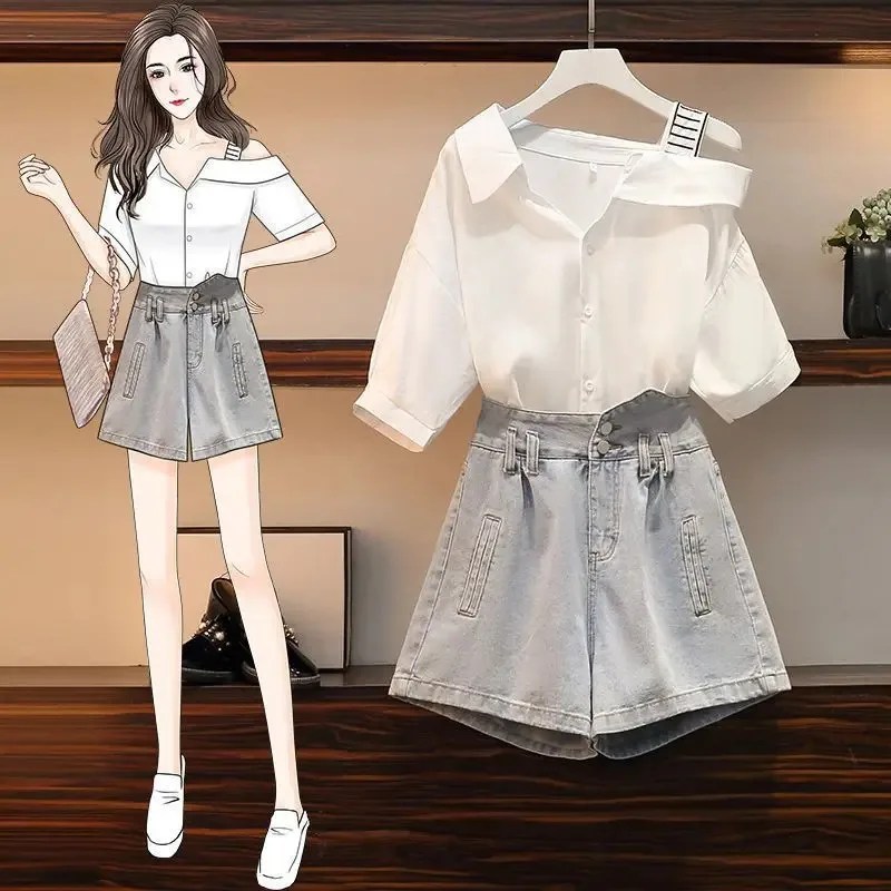 

Fashion Loose Denim Shorts Suit Women Summer Off Shoulder Short Sleeve Shirts Simplicity All-match Casual Wide Leg Two-piece Set