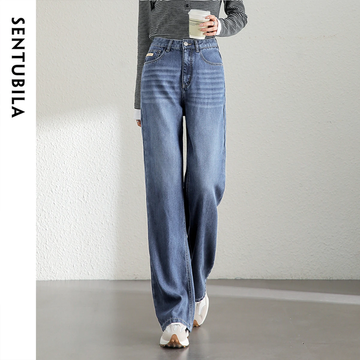 

SENTUBILA Lyocell Straight Blue Jeans for Women 2024 Retro Washed Full-length Denim Pants Solid Zipper Trousers W43K56279